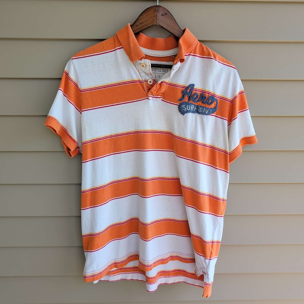 Aeropostale Polo Shirt Mens Large Orange White Striped Aero Surf Div Patch 2011
